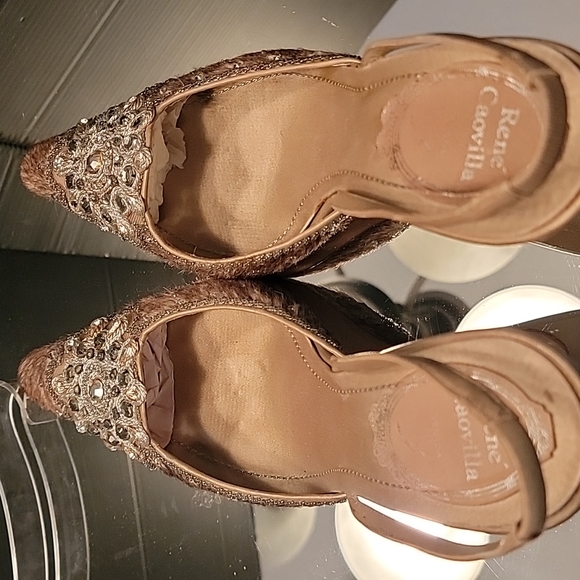 RENE' CAOVILLA  beige leather satin pony hair rinestones  sz 36.5  kitten heels - Picture 9 of 13